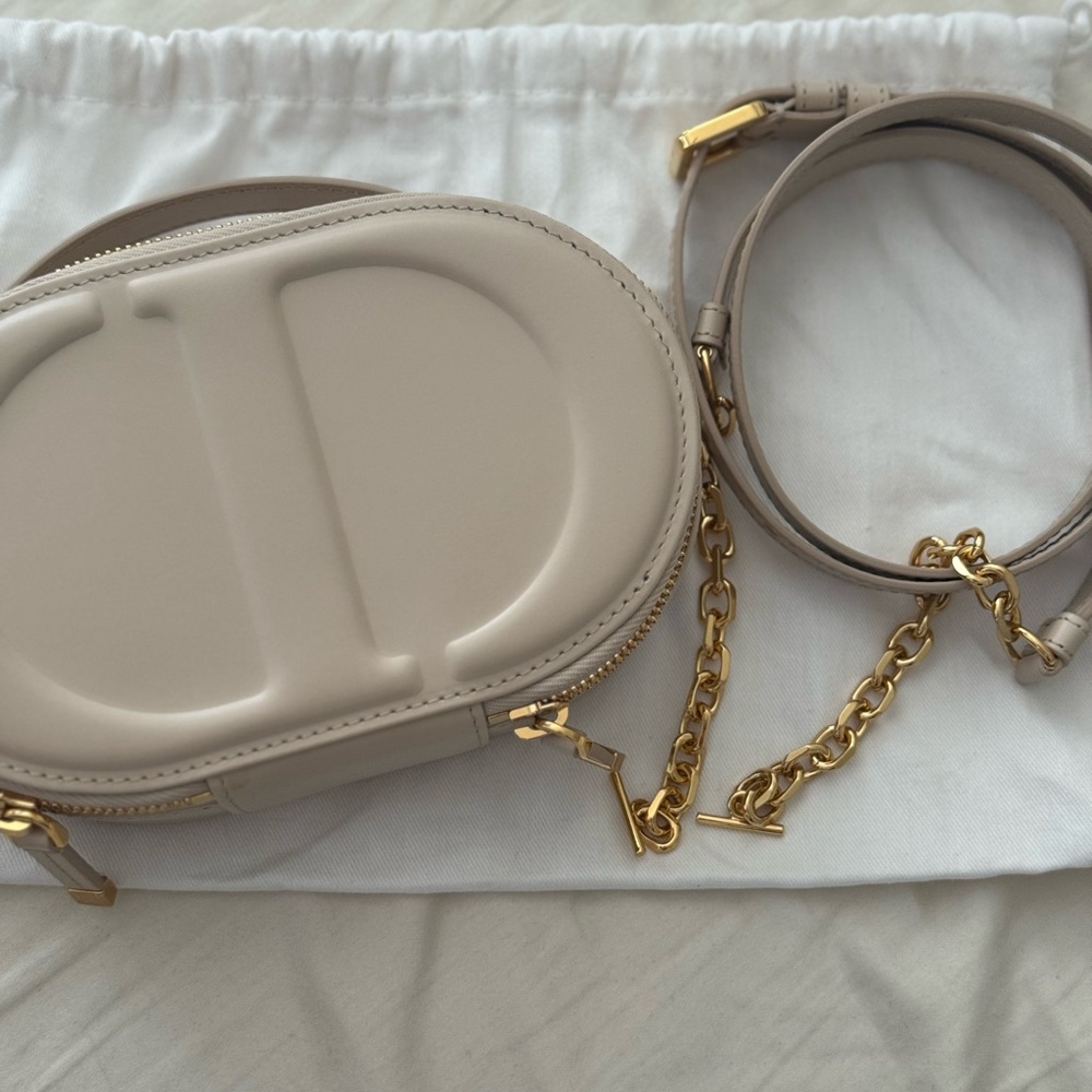 Dior CD Signature Oval Camera Bag Beige and Gold Crossbody Bag with Chain Strap